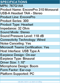 HP Poly 767G1AA EncorePro 310 Monaural USB-A Headset TAA - Stereo - Wired
