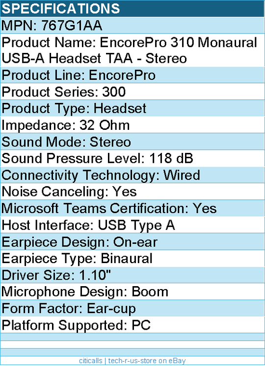 HP Poly 767G1AA EncorePro 310 Monaural USB-A Headset TAA - Stereo - Wired