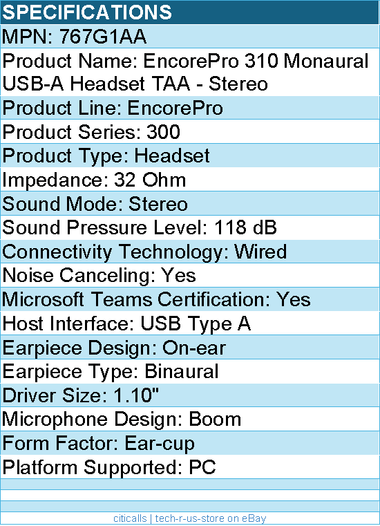 HP Poly 767G1AA EncorePro 310 Monaural USB-A Headset TAA - Stereo - Wired
