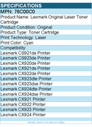 Lexmark 76C00C0 Original Laser Toner Cartridge - Cyan - 1 Each