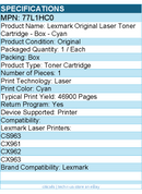 Lexmark 77L1HC0 Original Laser Toner Cartridge - Box - Cyan - 1 / Each