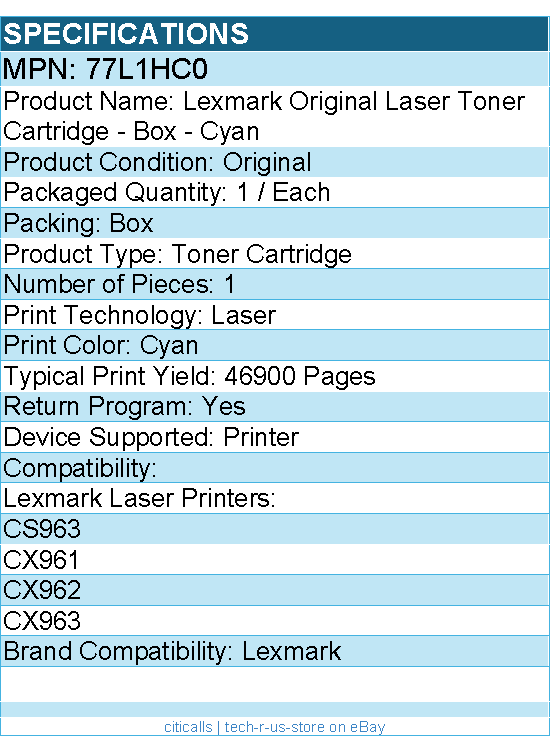 Lexmark 77L1HC0 Original Laser Toner Cartridge - Box - Cyan - 1 / Each