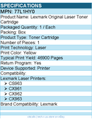 Lexmark 77L1HY0 Original Laser Toner Cartridge - Box - Yellow - 1 / Each