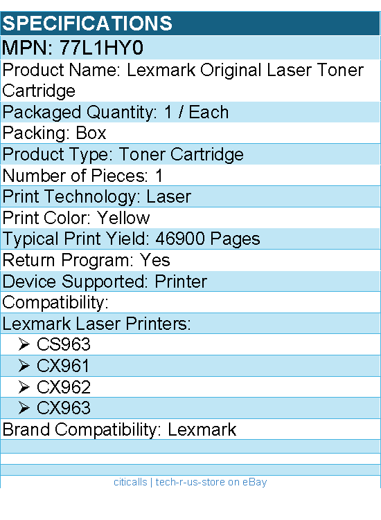 Lexmark 77L1HY0 Original Laser Toner Cartridge - Box - Yellow - 1 / Each