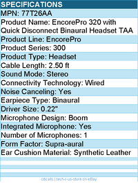 HP Poly 77T26AA EncorePro 320 with Quick Disconnect Binaural Headset TAA - Wired