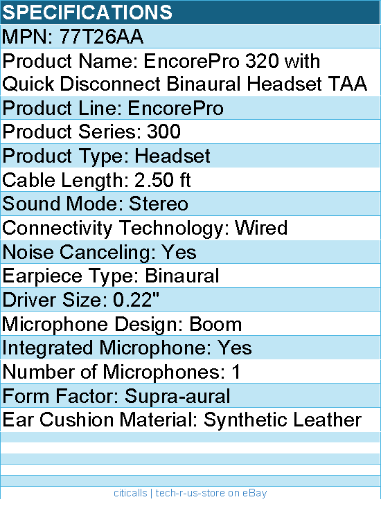 HP Poly 77T26AA EncorePro 320 with Quick Disconnect Binaural Headset TAA - Wired