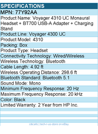 HP Poly 77Y92AA Voyager 4310 Headset +BT700 dongle +Charging Stand