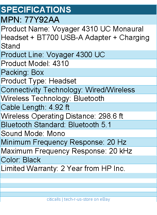 HP Poly 77Y92AA Voyager 4310 Headset +BT700 dongle +Charging Stand