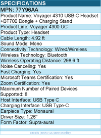 HP Poly 77Y96AA Voyager 4310 USB-C Headset +BT700 Dongle - 4.92 ft