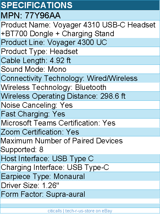 HP Poly 77Y96AA Voyager 4310 USB-C Headset +BT700 Dongle - 4.92 ft