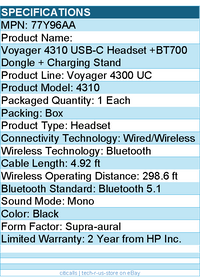 HP Poly 77Y96AA Voyager 4310 USB-C Headset +BT700 Dongle + Charging Stand