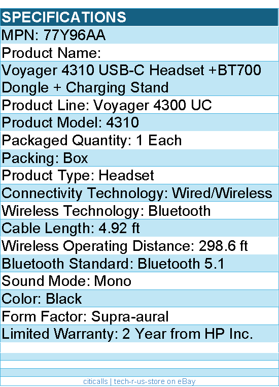 HP Poly 77Y96AA Voyager 4310 USB-C Headset +BT700 Dongle + Charging Stand
