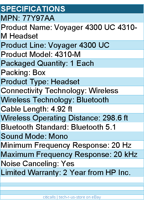 HP Poly 77Y97AA Voyager 4300 UC 4310-M Headset - Noise Canceling - Black