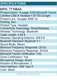 HP Poly 77Y98AA Voyager 4320-M Microsoft Teams Certified USB-A Headset - Black