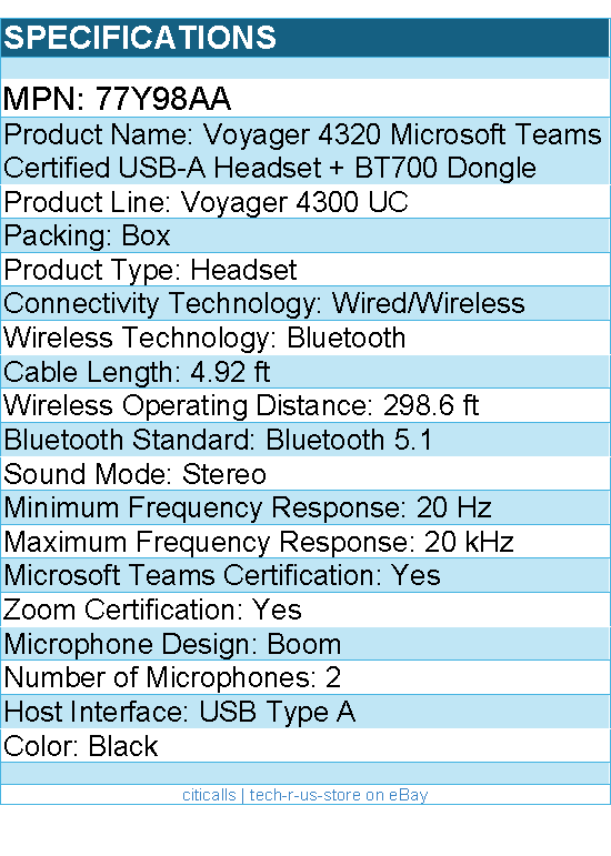 HP Poly 77Y98AA Voyager 4320-M Microsoft Teams Certified USB-A Headset - Black