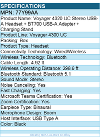 HP Poly 77Y99AA Voyager 4320 Headset +BT700 dongle +Charging Stand