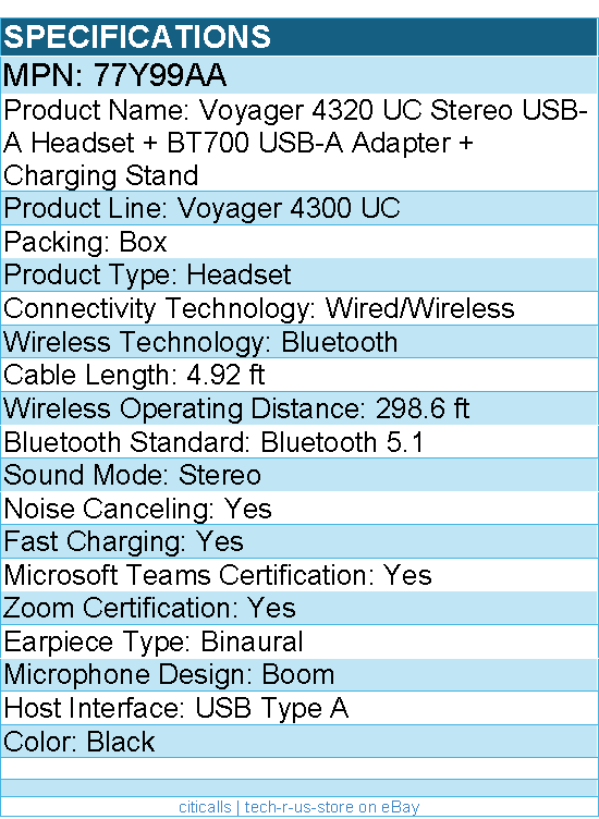 HP Poly 77Y99AA Voyager 4320 Headset +BT700 dongle +Charging Stand