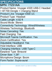 HP Poly 77Z31AA Voyager 4320 USB-C Headset + BT700 Dongle - Wired/Wireless