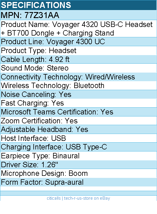 HP Poly 77Z31AA Voyager 4320 USB-C Headset + BT700 Dongle - Wired/Wireless