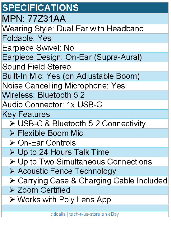 HP Poly 77Z31AA Voyager 4320 USB-C Headset +BT700 dongle +Charging Stand