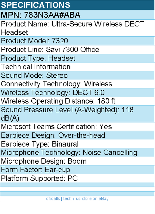 HP Poly 783N3AA#ABA Savi 7300 Office Ultra-Secure Wireless DECT Headset