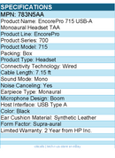 HP Poly 783N5AA EncorePro 715 USB-A Monoaural Headset TAA - Mono