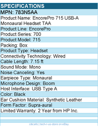 HP Poly 783N5AA EncorePro 715 USB-A Monoaural Headset TAA - Mono