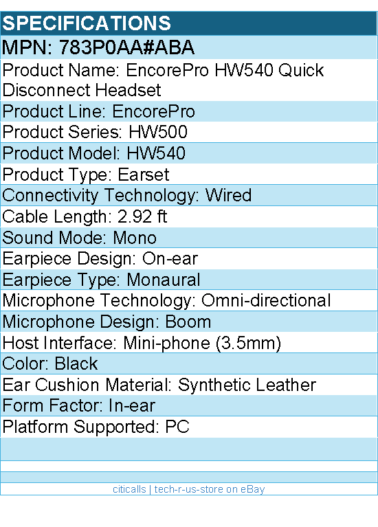HP Poly 783P0AA#ABA EncorePro 540 w Quick Disconnect Convertible Headset