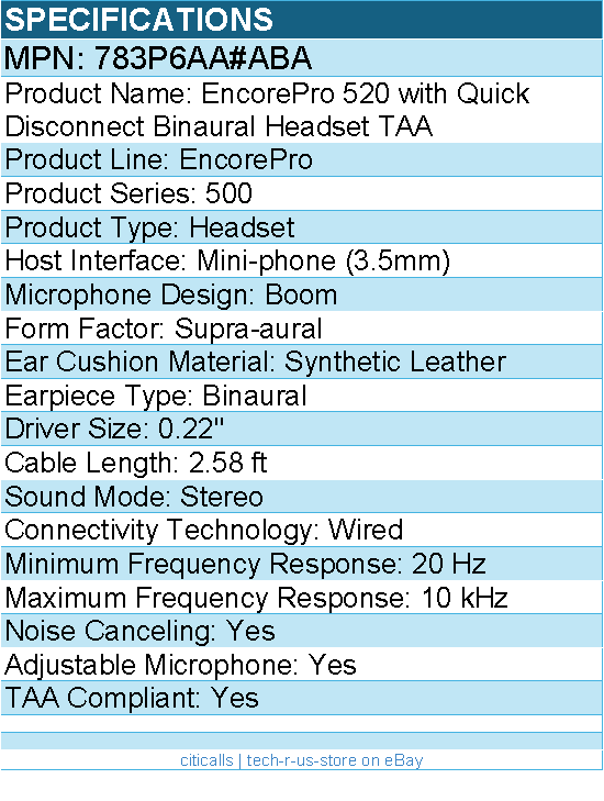 HP Poly 783P6AA#ABA EncorePro 520 w/ Quick Disconnect Binaural Headset - 2.58 ft