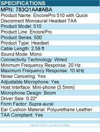 HP Poly 783Q1AA#ABA EncorePro 510 with Quick Disconnect Monoaural Headset