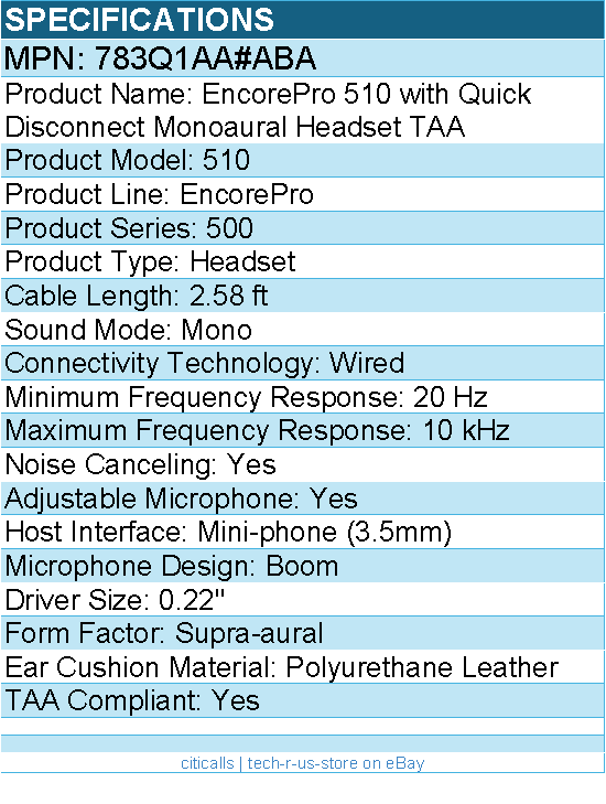 HP Poly 783Q1AA#ABA EncorePro 510 with Quick Disconnect Monoaural Headset