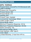 HP Poly 783R0AA EncorePro 515 Monoaural with USB-A Headset