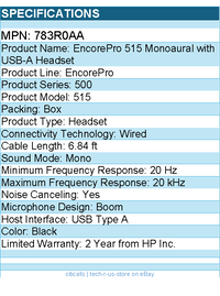 HP Poly 783R0AA EncorePro 515 Monoaural with USB-A Headset