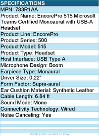 HP Poly 783R1AA EncorePro 515 Microsoft Teams Certified Monoaural Headset