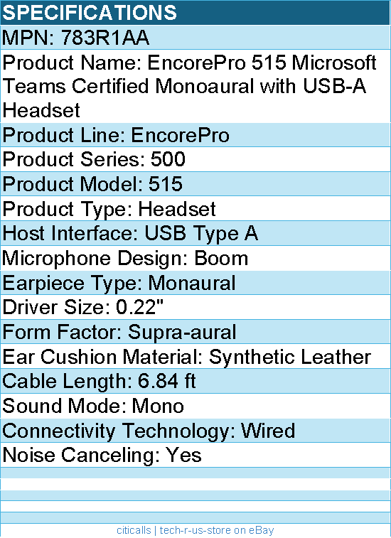 HP Poly 783R1AA EncorePro 515 Microsoft Teams Certified Monoaural Headset