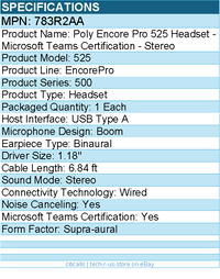 HP Poly 783R2AA Encore Pro 525 Headset - Microsoft Teams Certification - Stereo