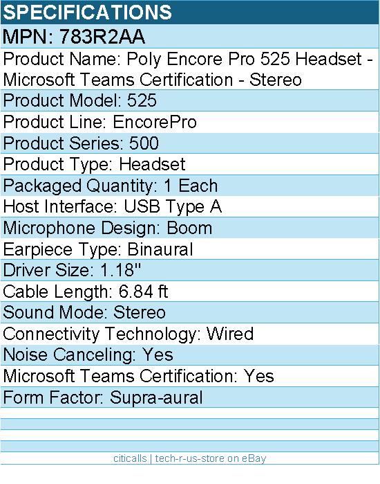 HP Poly 783R2AA Encore Pro 525 Headset - Microsoft Teams Certification - Stereo