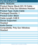 HP Poly 783S2AA Black HIC-10 Cable - 9.80 ft For Poly Savi Wireless Headset
