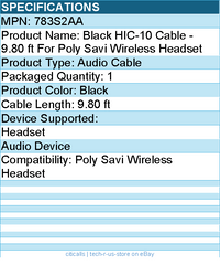 HP Poly 783S2AA Black HIC-10 Cable - 9.80 ft For Poly Savi Wireless Headset