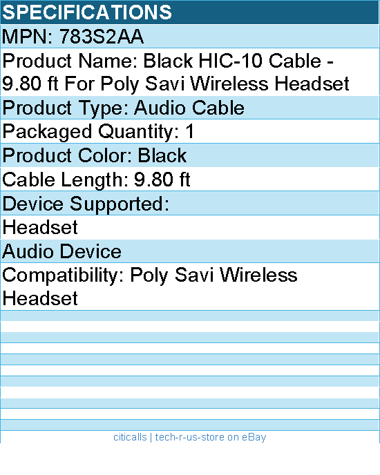 HP Poly 783S2AA Black HIC-10 Cable - 9.80 ft For Poly Savi Wireless Headset