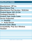 HP Poly 783S2AA Audio Cable for Headset, Audio Device - Black