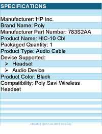 HP Poly 783S2AA Audio Cable for Headset, Audio Device - Black