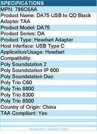 HP Poly 786C6AA DA75 USB to QD Black Adapter TAA - USB Type C - for Headset