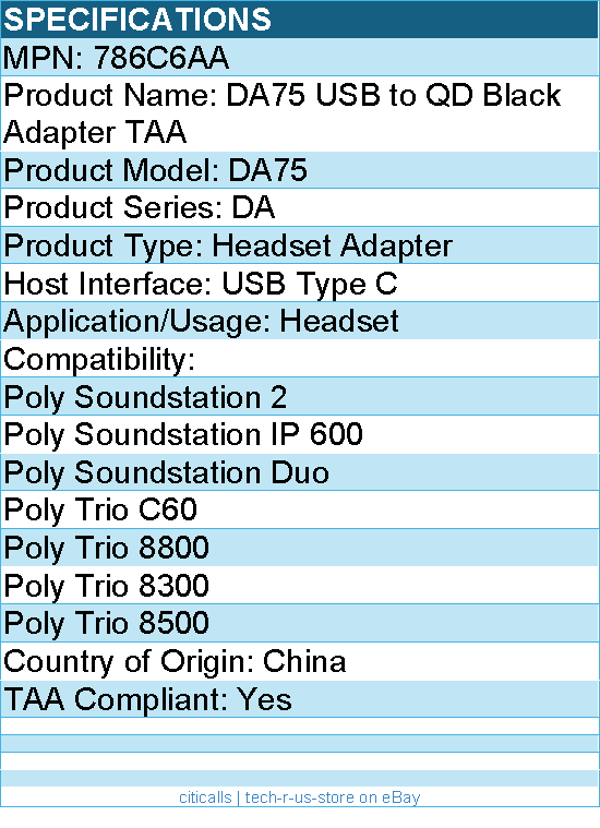 HP Poly 786C6AA DA75 USB to QD Black Adapter TAA - USB Type C - for Headset