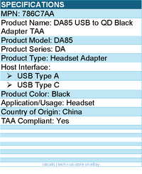 HP Poly 786C7AA DA85 USB to QD Black Headset Adapter TAA - Black