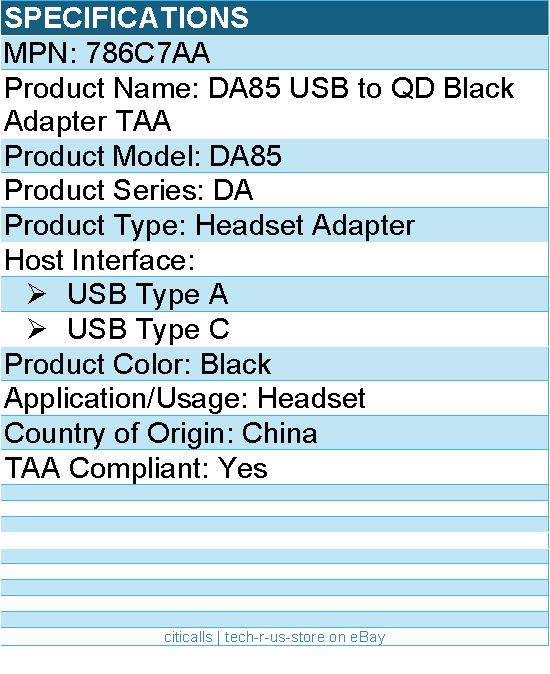 HP Poly 786C7AA DA85 USB to QD Black Headset Adapter TAA - Black