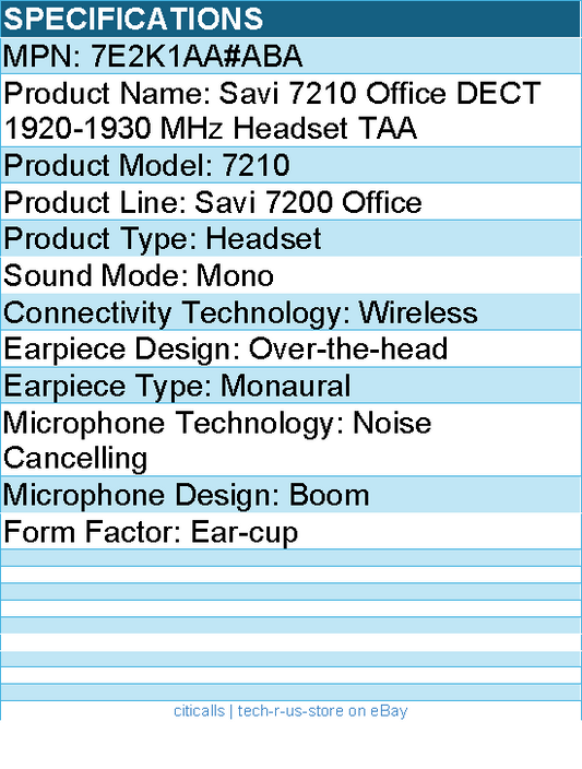HP Poly 7E2K1AA#ABA Savi 7210 Office DECT 1920-1930 MHz Headset TAA