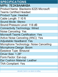HP Poly 7E2K8AA#ABA Blackwire 8225 Microsoft Teams Certified Headset