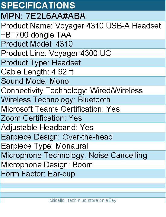 HP Poly 7E2L6AA#ABA Voyager 4310 USB-A Headset +BT700 dongle TAA