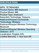 HP 7E756AAABA 965 Keyboard - Wireless Connectivity - Bluetooth - Black